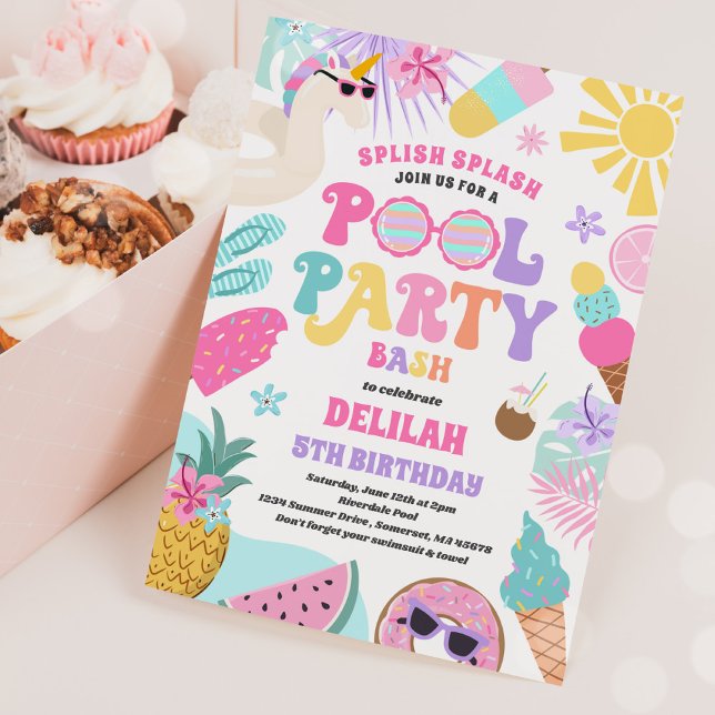Unicorn Pool Party Tropical Summer Pool Birthday Invitation (Creator Uploaded)