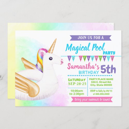 Unicorn pool summer birthday party pastel rainbow invitation