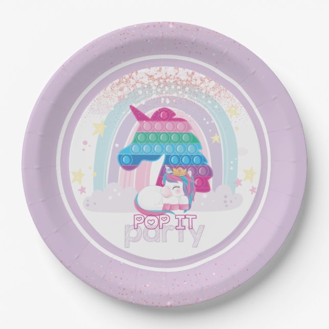Unicorn Pop It Birthday Party Paper Plates (Front)