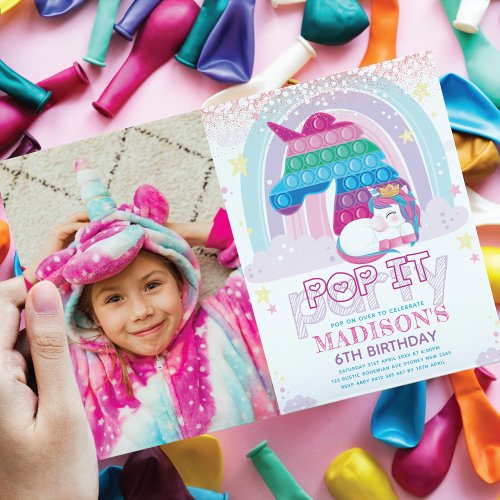 Unicorn Pop It Birthday Photo Party Invitation