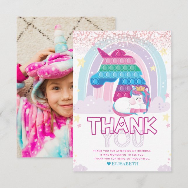 Unicorn Pop It Birthday Photo  Thank You Card (Front/Back)