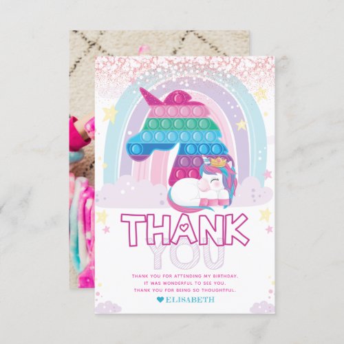 Unicorn Pop It Birthday Photo  Thank You Card