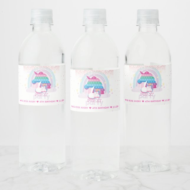 Unicorn Pop It Girl Birthday Party Personalized Water Bottle Label (Bottles)