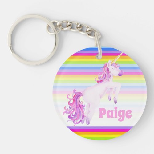 Unicorn prance pink rainbow stripes custom name keychain