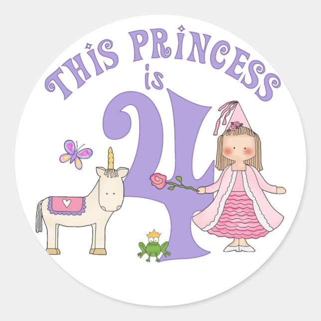 Unicorn Princess  4th Birthday Classic Round Sticker (Front)