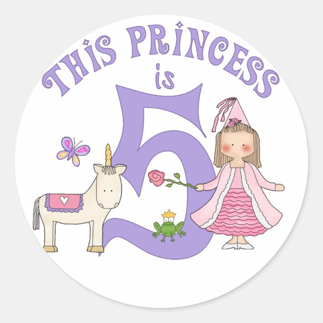 Unicorn Princess 5th Birthday Classic Round Sticker (Front)