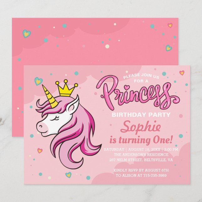 Unicorn Princess Birthday Party Invitation (Front/Back)