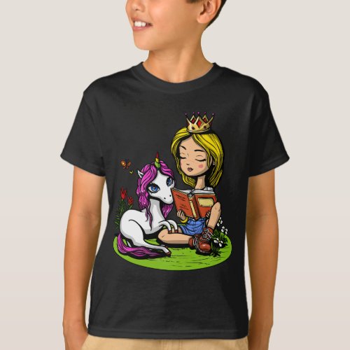 Unicorn Princess Book Reading Kids Girls T_Shirt