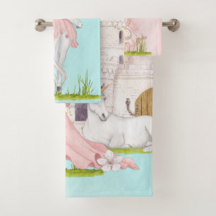 Unicorn Princess Castle Pink Blue Bath Towel Set