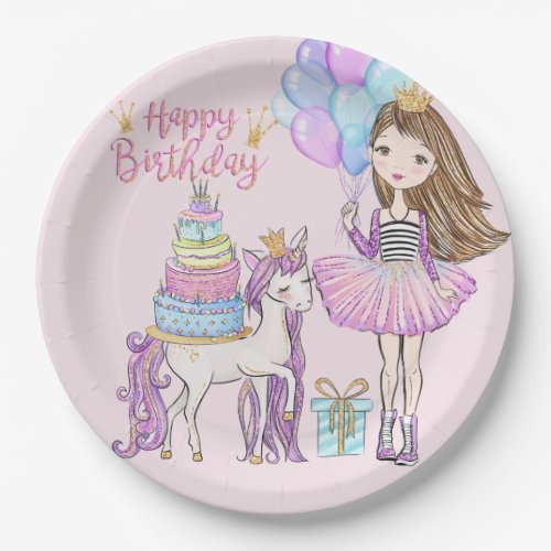 Unicorn Princess Cool Brunette Girl Birthday Paper Plates