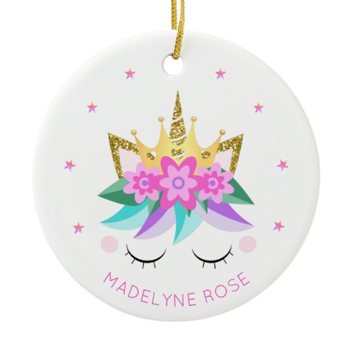 Unicorn Princess Cute Girly Glitter Personalized Ceramic Ornament
