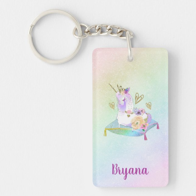 Unicorn Princess Diva Iridescent Rainbow Pastel Keychain (Front)