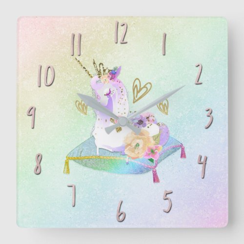 Unicorn Princess Diva Iridescent Rainbow Pastel Square Wall Clock