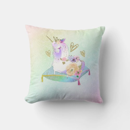 Unicorn Princess Diva Iridescent Rainbow Pastel Throw Pillow