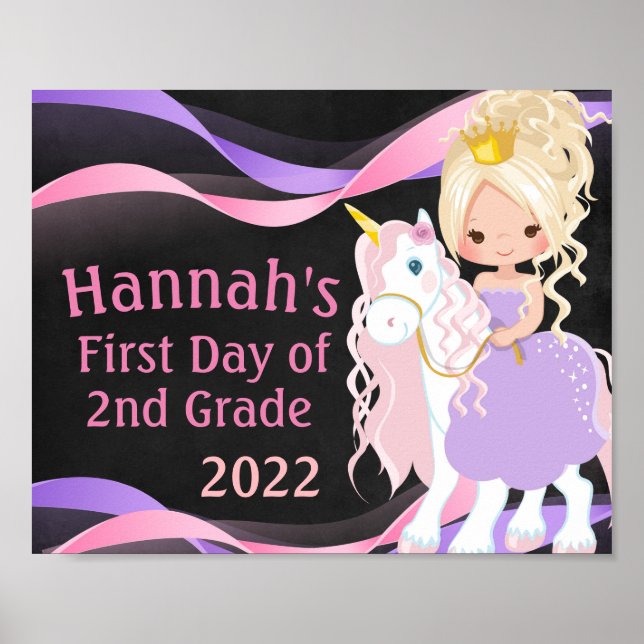 Unicorn & Princess First Day of School Chalkboard Poster (Front)