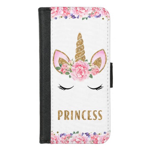 Unicorn Princess Gold Glitter Pastel Pink Flowers iPhone 87 Wallet Case