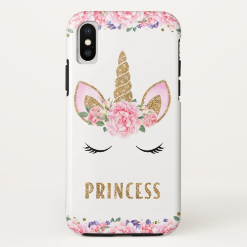 Unicorn Princess Gold Glitter Pastel Pink Roses iPhone X Case