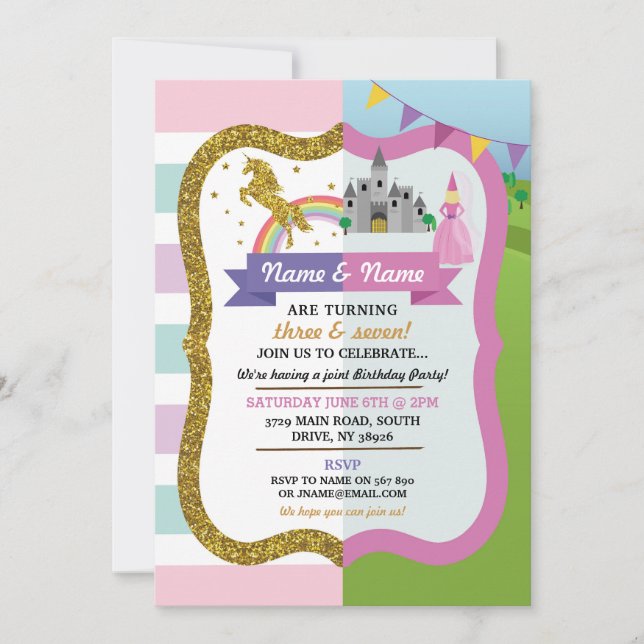 Unicorn & Princess Joint Castle Pink Girl Birthday Invitation (Front)