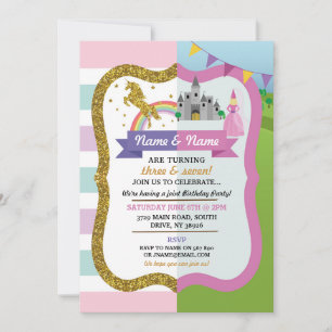 Unicorn & Princess Joint Castle Pink Girl Birthday Invitation