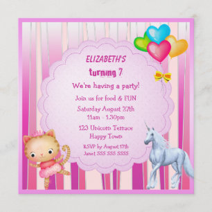 Unicorn, Princess Kitty & Balloons Party Invites