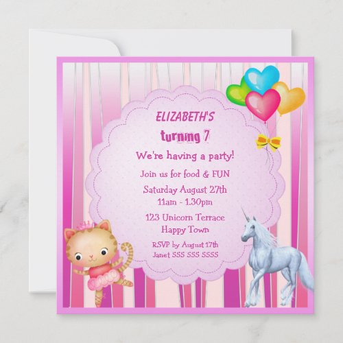 Unicorn Princess Kitty  Balloons Party Invites