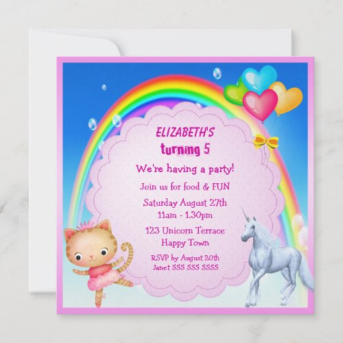 Unicorn Princess Kitty  Rainbow Party Invites