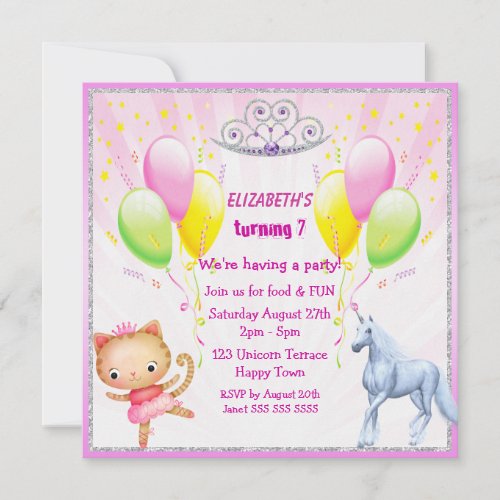 Unicorn Princess Kitty Tiara  Balloons Invites