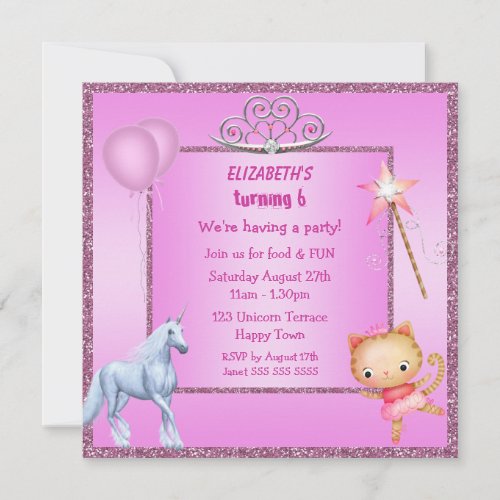 Unicorn, Princess Kitty, Tiara &amp; Glitter Invites