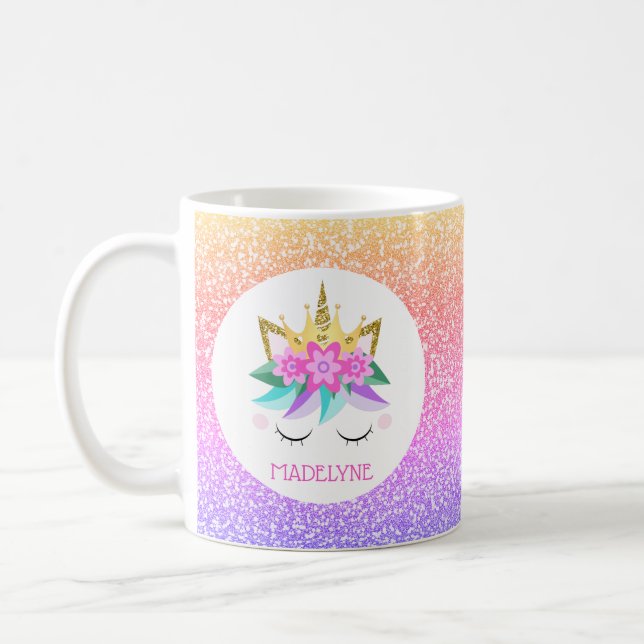 Unicorn Princess Rainbow Glitter Personalized Name Coffee Mug (Left)