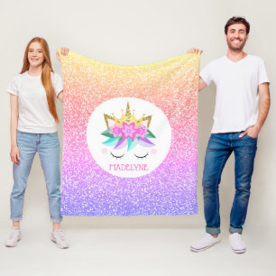 Unicorn Princess Rainbow Glitter Personalized Name Fleece Blanket
