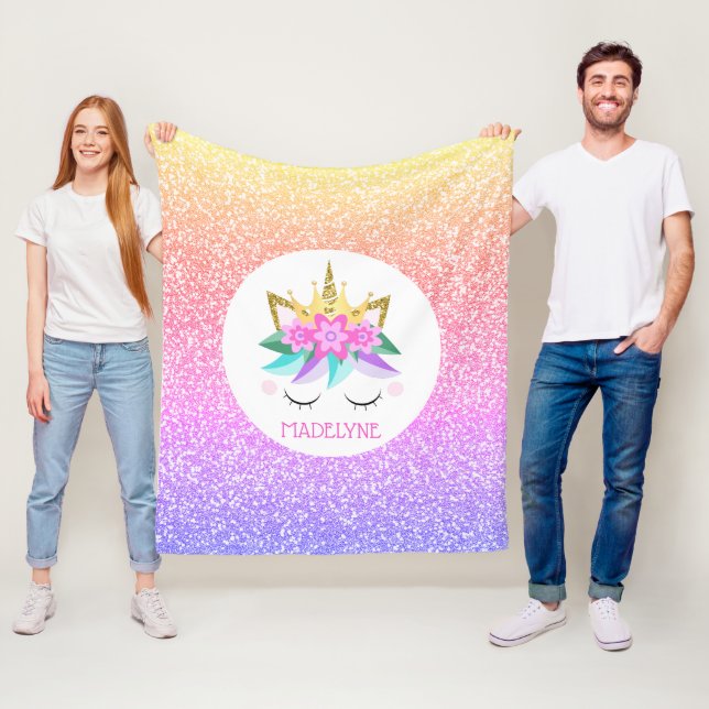 Unicorn Princess Rainbow Glitter Personalized Name Fleece Blanket (In Situ)