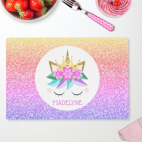 Unicorn Princess Rainbow Glitter Personalized Name Placemat