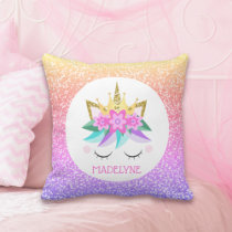 Unicorn Princess Rainbow Glitter Personalized Name Throw Pillow