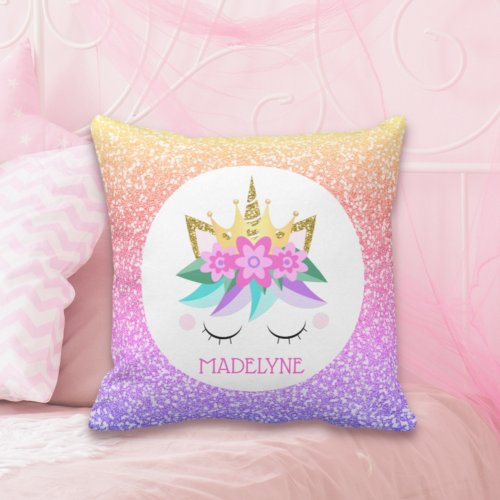 Unicorn Princess Rainbow Glitter Personalized Name Throw Pillow