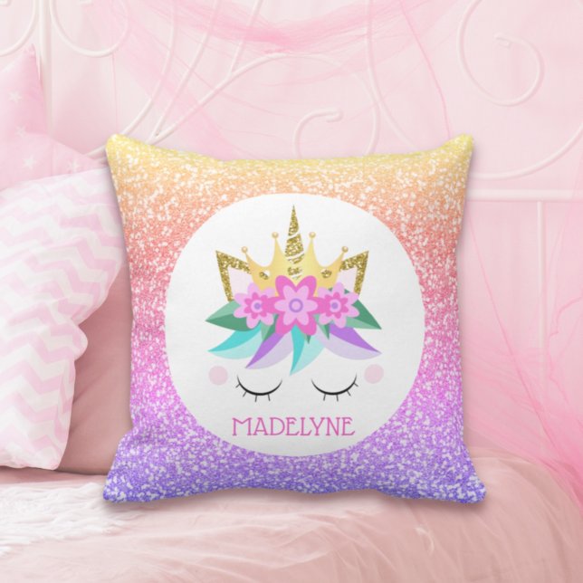 Unicorn Princess Rainbow Glitter Personalized Name Throw Pillow (Creator Uploaded)