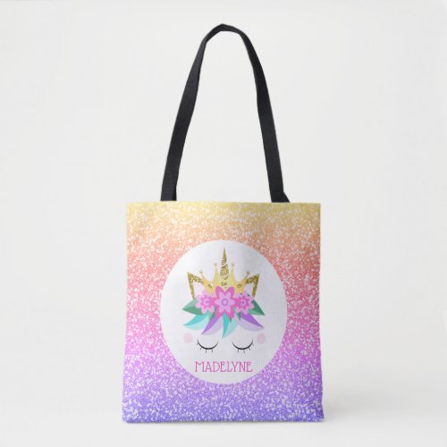 Unicorn Princess Rainbow Glitter Personalized Name Tote Bag