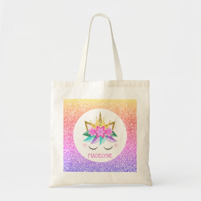 Unicorn Princess Rainbow Glitter Personalized Name Tote Bag (Front)
