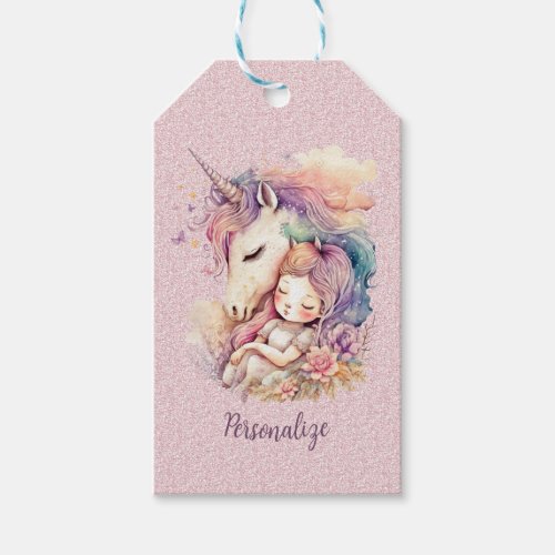 Unicorn Princess Sleep in Flowers Pink Glitter Gift Tags