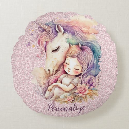 Unicorn Princess Sleep in Flowers Pink Glitter Round Pillow