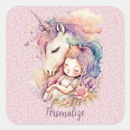 Unicorn Princess Sleep in Flowers Pink Glitter Square Sticker