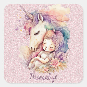 Unicorn Princess Sleep in Flowers Pink Glitter Square Sticker