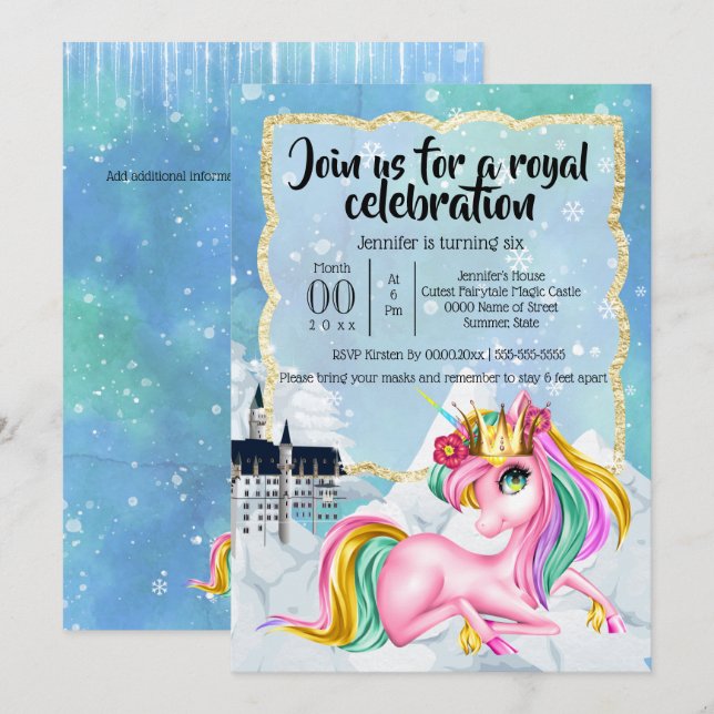 Unicorn princess winter snow fairy tale castle invitation (Front/Back)
