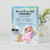 Unicorn princess winter snow fairy tale castle invitation (Standing Front)
