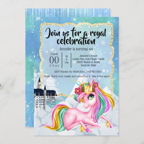 Unicorn princess winter snow fairy tale castle invitation