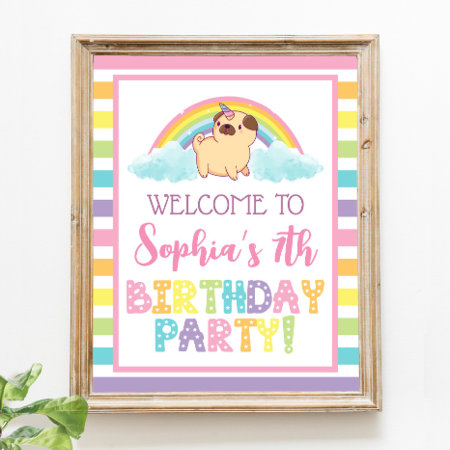 Unicorn Pug Birthday Party Sign, Pug Welcome Poster