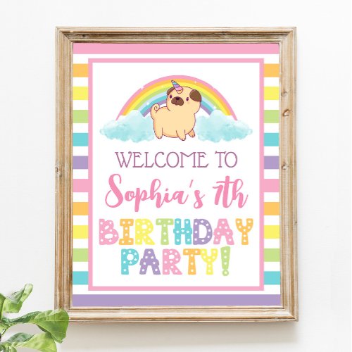 Unicorn Pug Birthday Party Sign Pug Welcome Poster
