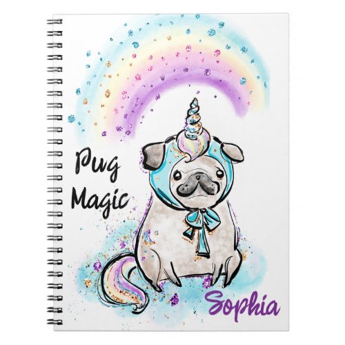 Unicorn Pug Magic Rainbows Dog Pink  Purple  Notebook