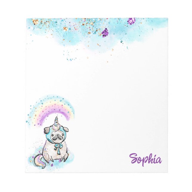 Unicorn Pug Magic Rainbows Dog Pink & Purple  Notepad (Front)