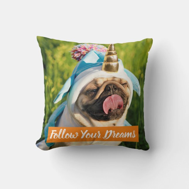 Unicorn Pug Throw Pillow (Front)