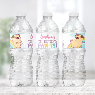 Unicorn Pug Water Bottle Labels, Pug Birthday Label
